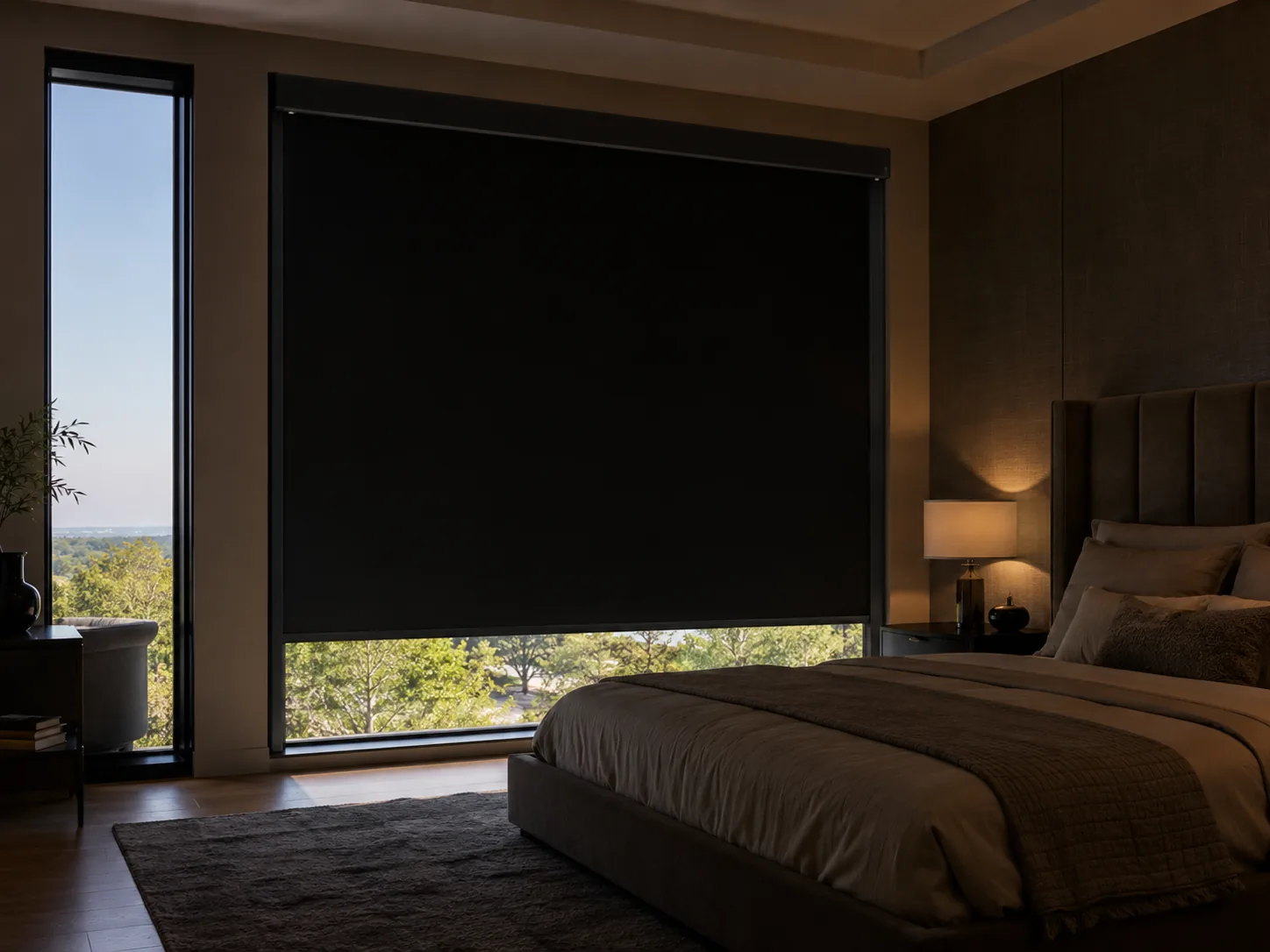 Blackout roller shades darkening a luxury South Florida bedroom