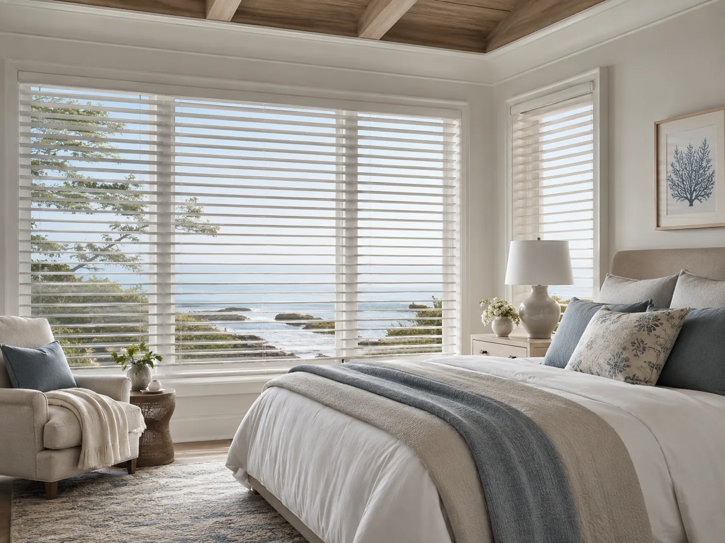 Horizontal shades with classic light control in a coastal South Florida bedroom