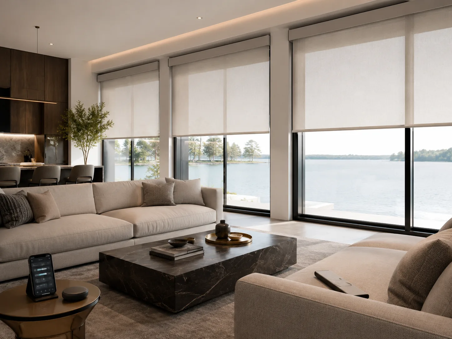 Custom roller shades on large waterfront windows in a South Florida home