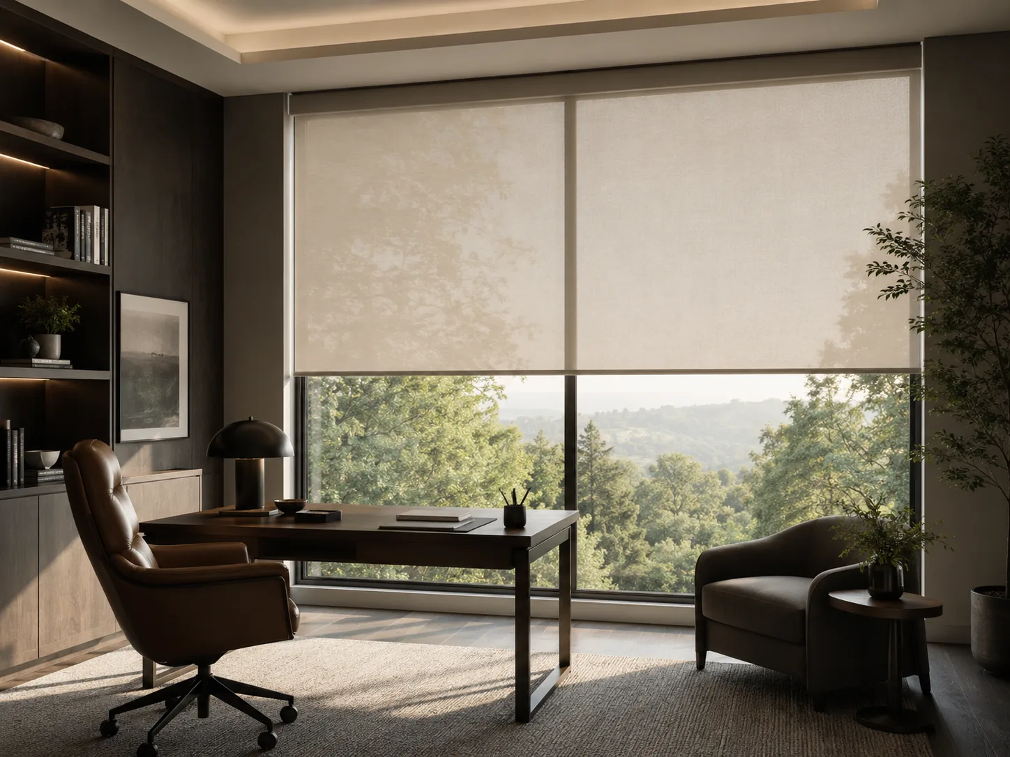 Custom light-filtering roller shades in a luxury South Florida home office