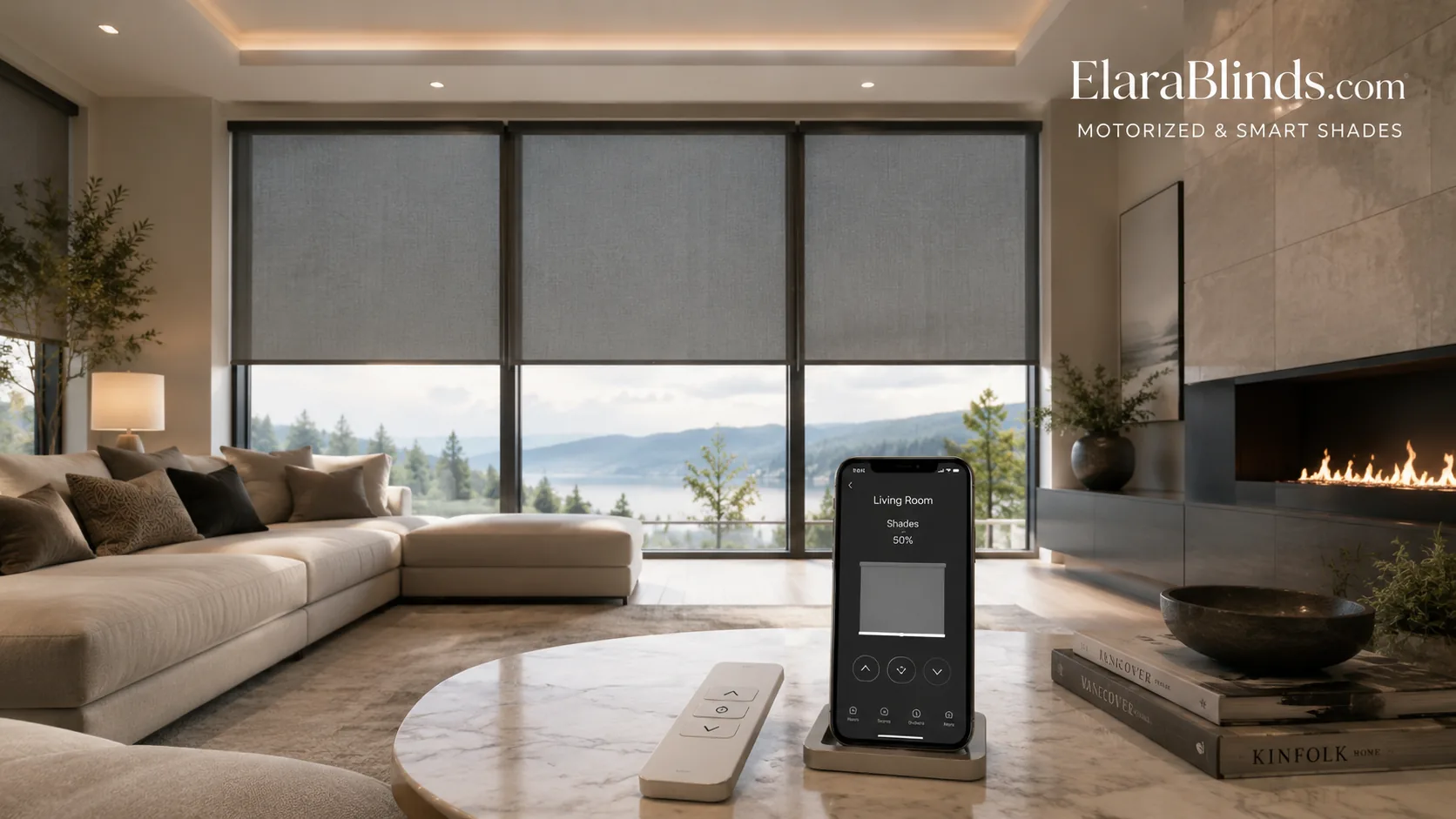 Motorized smart shades controlled by phone app and remote in a South Florida living room