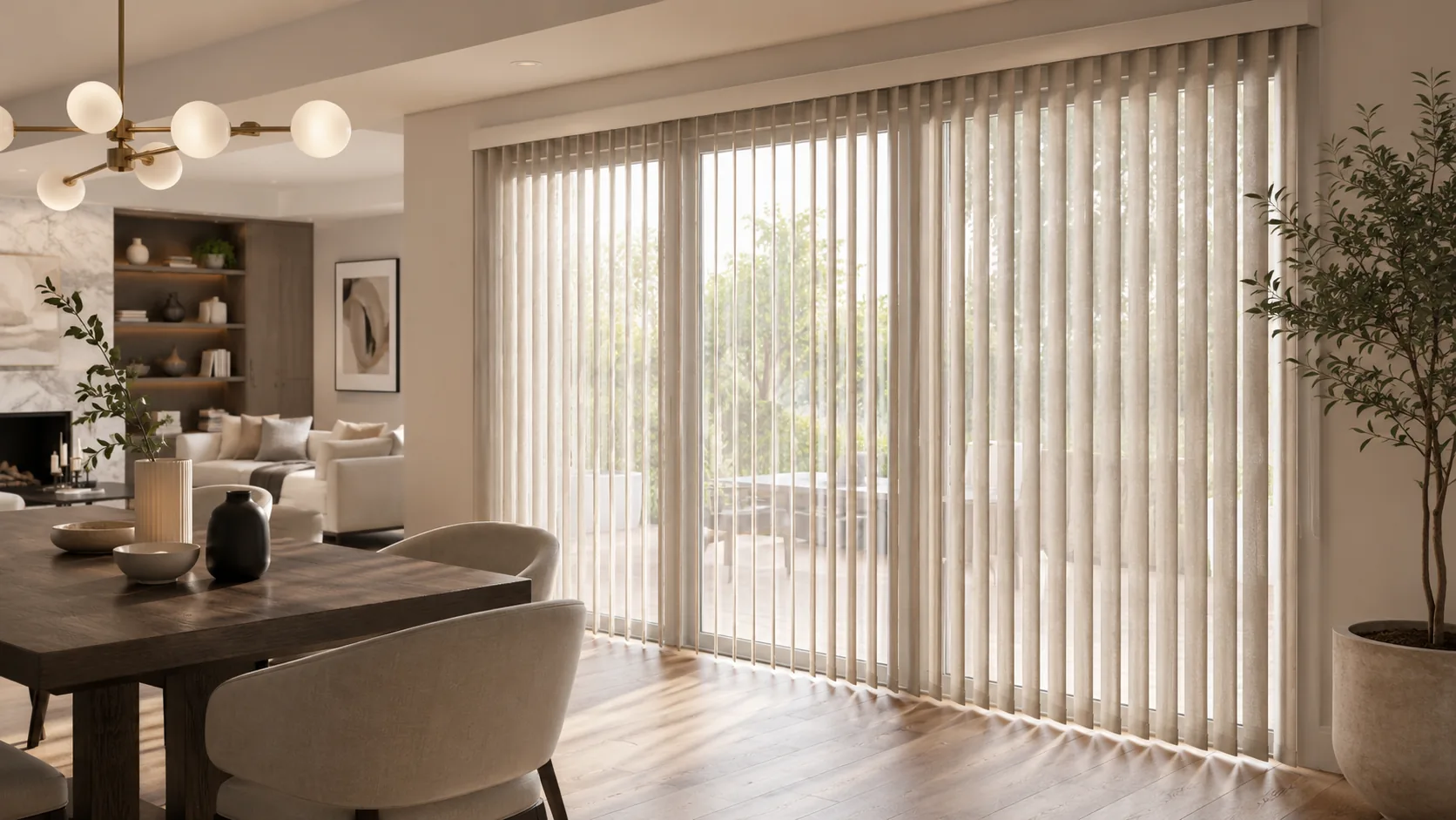 Vertical shades covering sliding patio doors in an elegant South Florida dining room