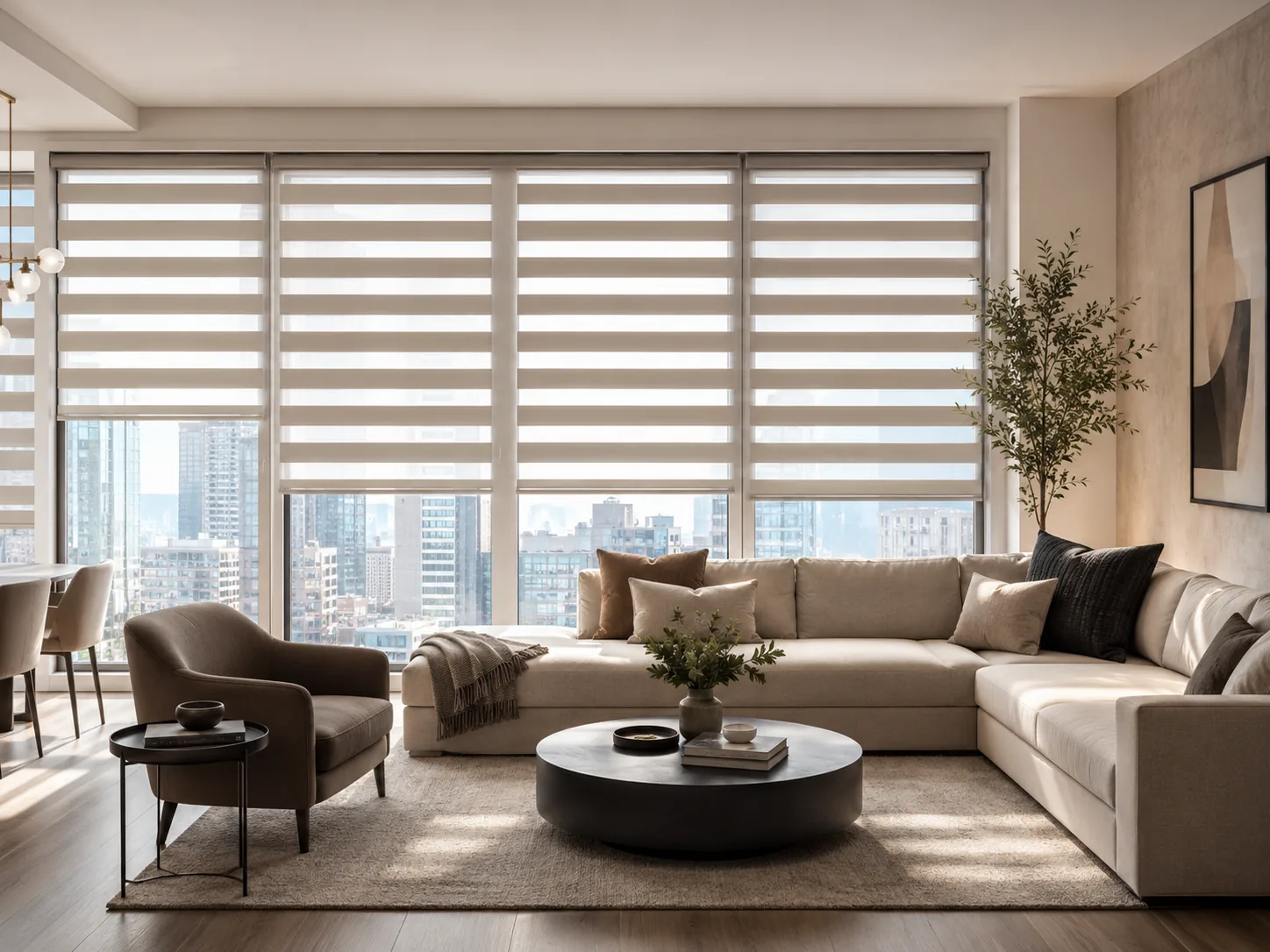 Zebra shades in a modern South Florida living room with layered light control